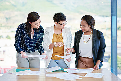 Buy stock photo Budget, creative and design with business women in boardroom of office for planning together. Collaboration, finance and strategy with employee team at work for development or management discussion