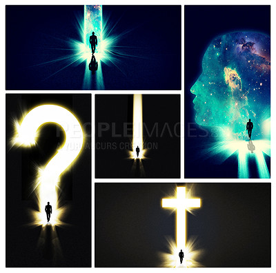 Buy stock photo Mindset, brain and faith in religion, dream and collage of question, people and illustration of light. Dark, asking and doubt of heaven, death and insight on life, spiritual and walking to entrance