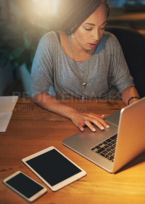 Buy stock photo Business woman, night and laptop in office for working overtime, deadline and creative online project. Female graphic designer, computer and research for font choice, website layout and ui software