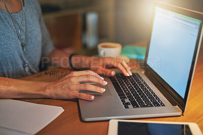 Buy stock photo Business woman, hands and laptop screen in office for working overtime, project deadline and research. Web designer, computer and typing for website testing, online seo tools and digital marketing