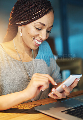 Buy stock photo Business, woman and happy with phone in office at night for text message, reading notification and mobile chat. Contact, employee and technology at desk for social media scroll and search at overtime