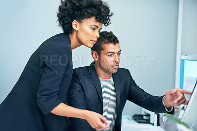 Buy stock photo Business, people and pointing on computer at office for digital files or data as website designer. Employees, helping and serious with coworking as for creative project with teamwork or collaboration