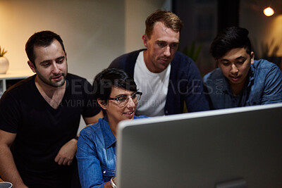 Buy stock photo Business people, computer and collaboration at night for research, information technology or coding. Diversity, programming and teamwork for problem solving, software development or cybersecurity app