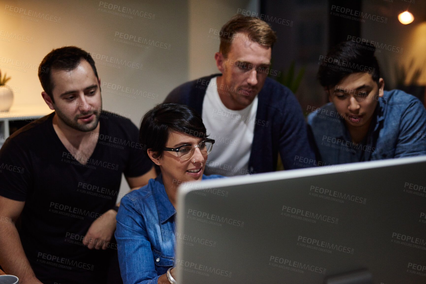 Buy stock photo Business people, computer and collaboration at night for research, information technology or coding. Diversity, programming and teamwork for problem solving, software development or cybersecurity app