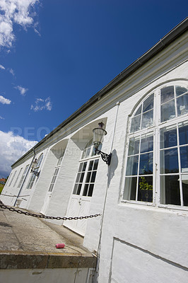 Buy stock photo Vintage building, architecture and window in city for holiday, vacation and travel outdoor. Glass, home exterior and facade of old house for design, construction and real estate property in Sweden