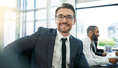 Buy stock photo Businessman, portrait and smile in office or coworking space as accountant in financial company. Male person, confidence and pride with project, portfolio management and investment banking in economy