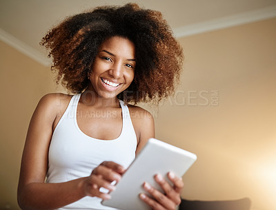 Buy stock photo Woman, happy or tablet with portrait in home for notifications, social media scroll and reading morning news. African girl, smile or relax in bedroom with digital tech for online shopping or browsing