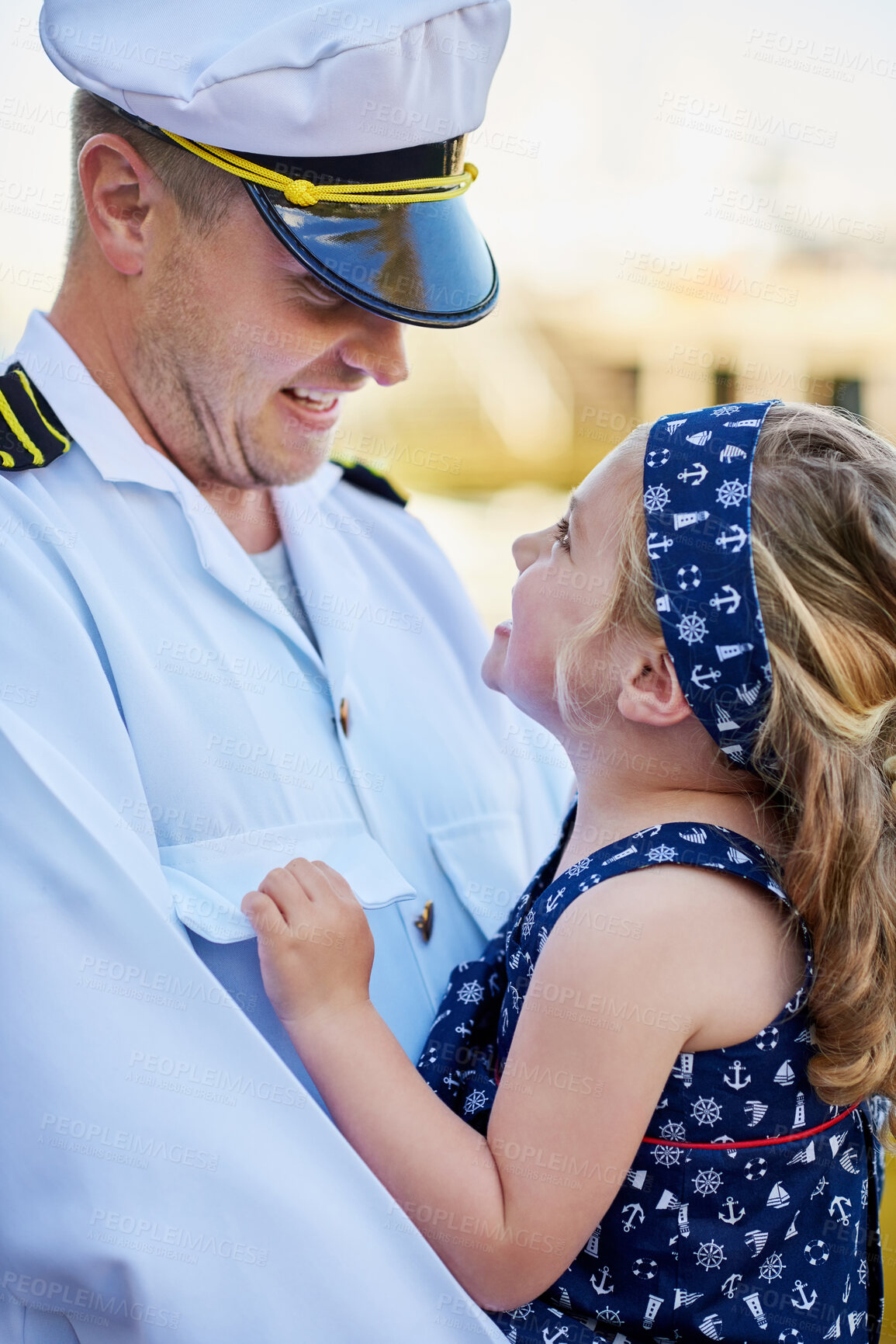 Buy stock photo Happy, uniform and father carry child with love relationship, patriotic service and military hero with support. Dad, girl and hug with marine soldier for excited reunion or greeting and navy seal job