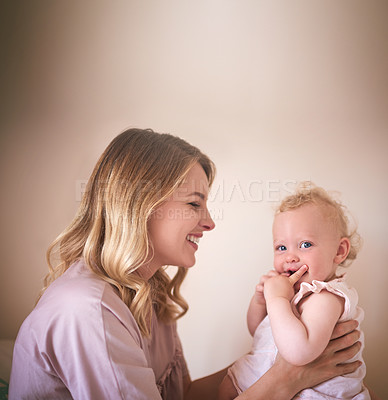 Buy stock photo Happy, mother and holding baby for playful curiosity, bonding together and family security at house. Woman, laughing and child embrace with love, kid development and childhood care of learning growth