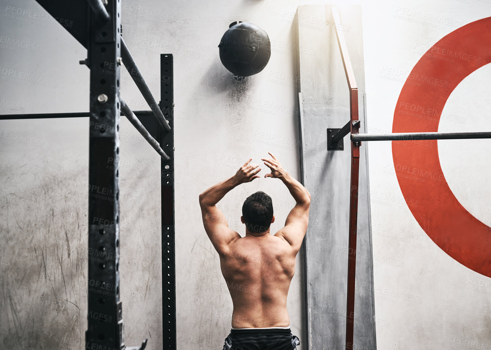 Buy stock photo Exercise, gym and back of person with ball for bodybuilding training, fitness and cardio workout. Sports, athlete and person with weightlifting equipment for wellness, muscle strength and performance