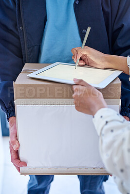 Buy stock photo Delivery man, customer and hands on tablet to sign for ecommerce, distribution and online shopping. People, closeup and screen mockup space for package box and courier mail order for shipping in home