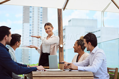 Buy stock photo Presentation, frame and business woman in cafe for coffee sales representative, b2b management and team. Caffeine supplier, product specialist and market trends with people in restaurant for project