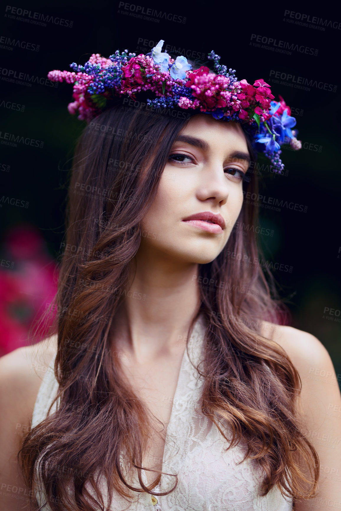 Buy stock photo Flowers, portrait or woman in park with floral crown, creative style and classy dress for confidence. Forest, face or proud girl in garden with elegant design art in fantasy cosplay fashion in Italy