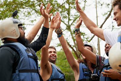 Buy stock photo People, high five and happy in nature for fitness, support and synergy or ready for kayaking. Sports team, gesture or outdoor in circle for collaboration, energy or life jackets for safety in rafting