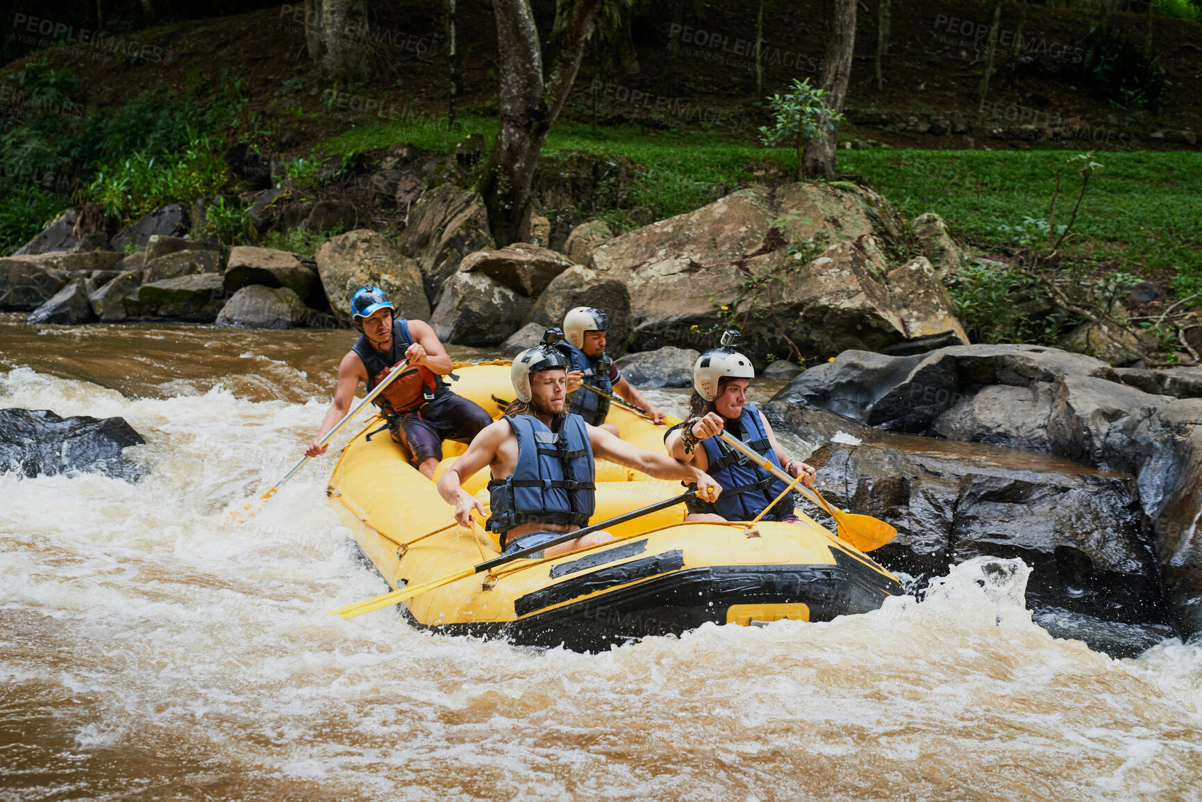 Buy stock photo Sports, men and white water rafting in river for fun, adventure and outdoor activity as friends. Male people, exercise and training with freedom, travel and fitness for holiday trip or vacation in UK