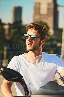 Buy stock photo Biker, travel and explore with man in city for motorcycle, freedom and transportation. Journey, summer vacation and speed with person driving on motorbike for vintage driver, adventure and thinking