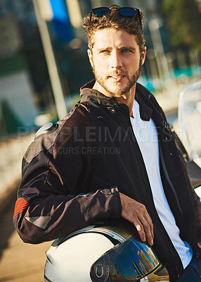 Buy stock photo Riding, motorbike and man in city, travel and confidence with edgy style, transportation and freedom. New York, person and guy with helmet for safety, commute and biker with pride, driver and journey