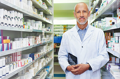 Buy stock photo Pharmacist, tablet and portrait in store for medicine, inventory and trust with healthcare service. Mature man, technology and smile in pharmacy for wellness prescription, pills and health supplement