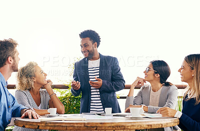 Buy stock photo Business people, presentation and meeting with team at cafe for company mission, proposal or feedback. Man, speaker or presenter talking to group of employees for discussion at outdoor coffee shop