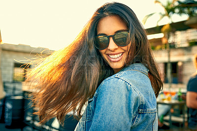 Buy stock photo Woman, sunglasses and travel on holiday in city, movement and freedom on vacation for peace. Female person, shades and outdoor trip to Dubrovnik for fun, relax and confident student on spring break