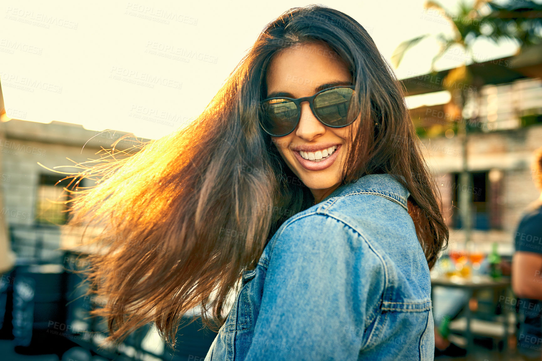 Buy stock photo Woman, sunglasses and travel on holiday in city, movement and freedom on vacation for peace. Female person, shades and outdoor trip to Dubrovnik for fun, relax and confident student on spring break