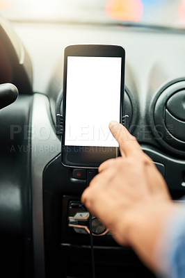 Buy stock photo Man, hand and passenger with blank phone in car, transport directions and traffic navigation on road. Male person, finger and mockup space for map route to location, search journey and app for travel