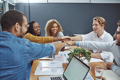 Buy stock photo Business, people and hand stacked for support in office with laptop, finance documents or collaboration of project. Smile, staff and team building for meeting goals, productivity and synergy together