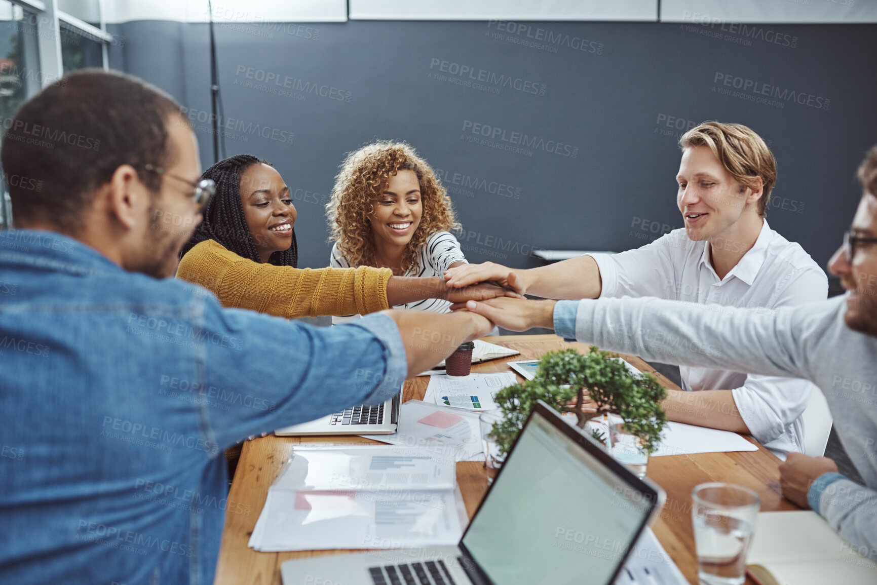 Buy stock photo Business, people and hand stacked for support in office with laptop, finance documents or collaboration of project. Smile, staff and team building for meeting goals, productivity and synergy together