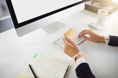 Buy stock photo Hands, credit card and typing in office for online shopping, choice and financial freedom at company. Person, fintech and bank with budget, payment and e commerce with sale on pc at creative agency