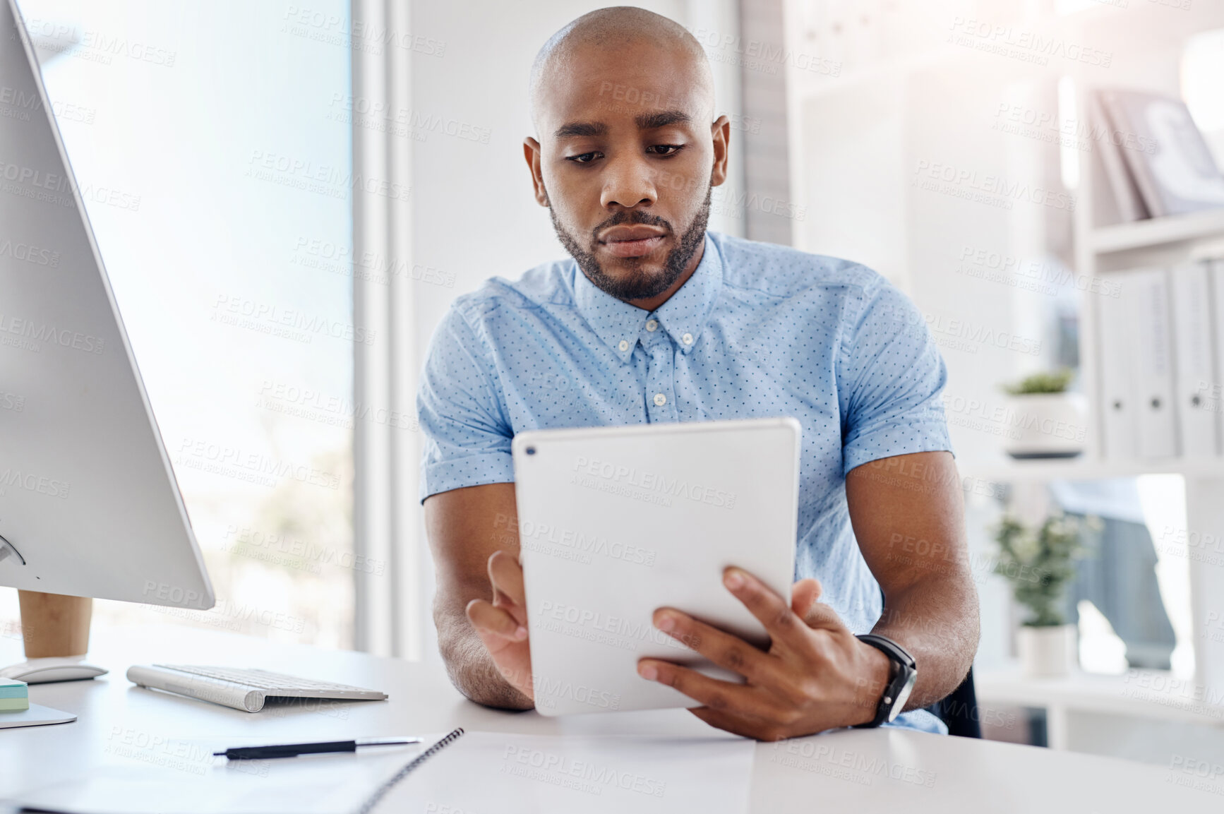 Buy stock photo Black man, tablet and planning agenda in office, publicist and online for public relations platform. Male person, professional and email for client liaison, press release and social media for search