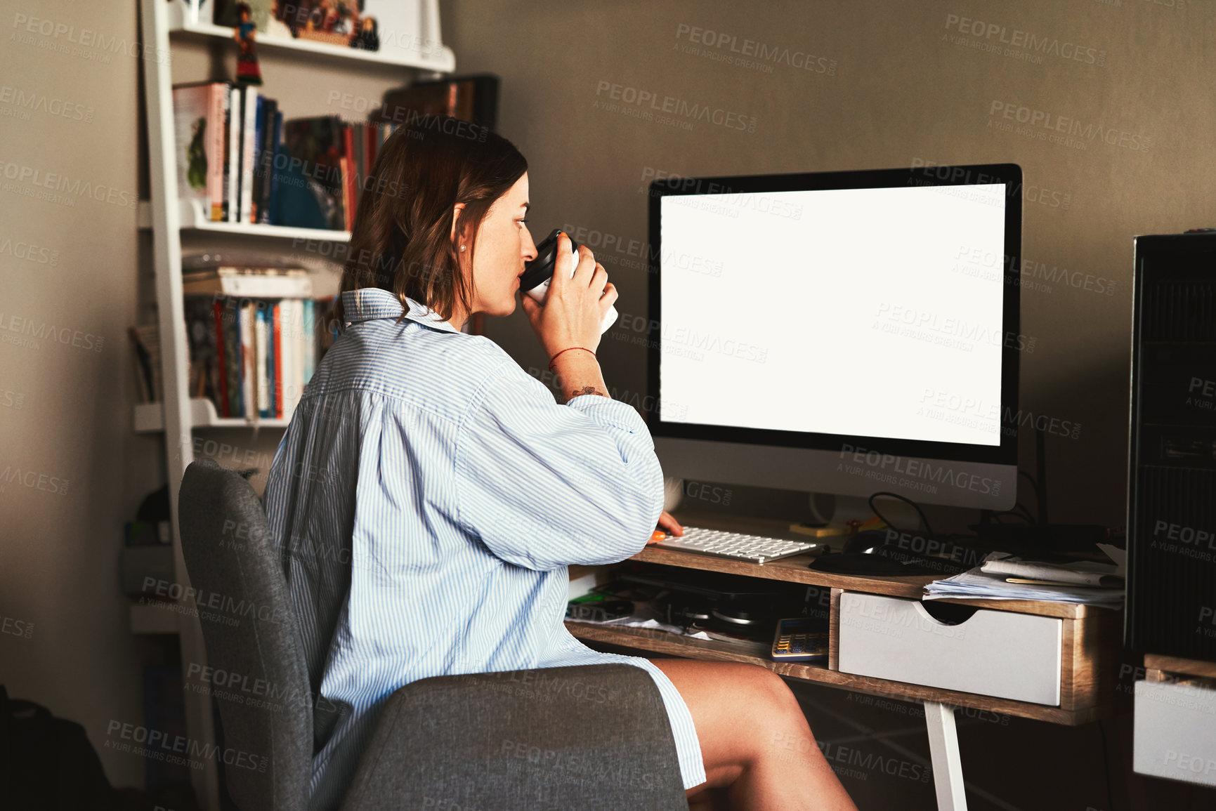 Buy stock photo Coffee, computer screen and remote work with business woman in home office for report or research. Display, mockup space and web design with freelance developer in apartment for administration