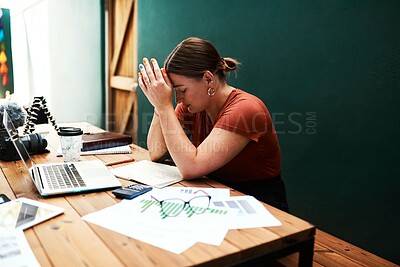 Buy stock photo Business, stress and woman with burnout, night and planning of budget, headache and thinking in office. Migraine, entrepreneur and working late with deadline, overwhelmed and person with overtime