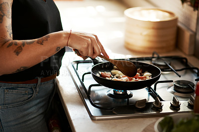 Buy stock photo Hands, woman and cooking with frying pan in kitchen on stove with food and vegetables. Closeup, female person and meal prep at home with diet, nutrition and ingredients or recipe with healthy flavor