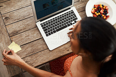 Buy stock photo Woman, designer or above with laptop for notes, schedule planning or tasks on wooden table at home. Top view, female person or freelancer with sticky notes or computer for project or reminder on desk