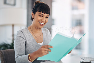 Buy stock photo Woman, reading and folder with smile at startup for planning, review or contract at modern office. Person, small business and paperwork for decision, feedback or proposal at creative agency in Mexico