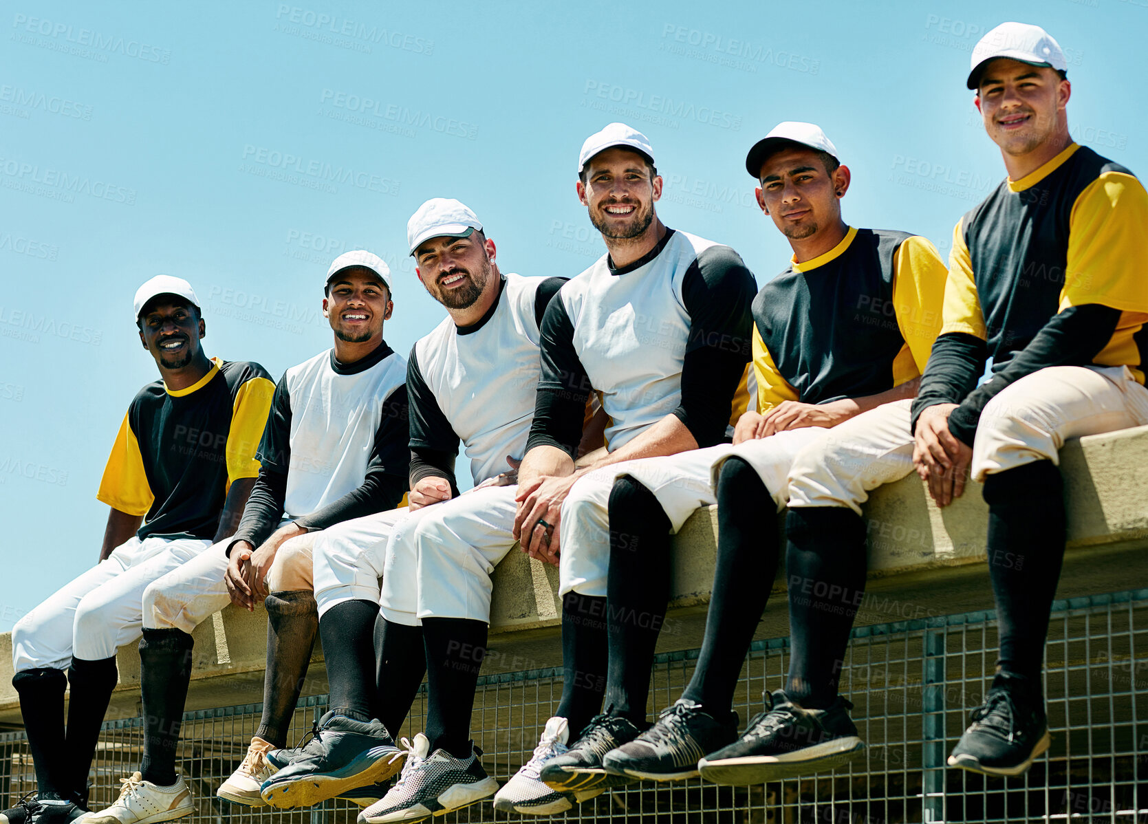 Buy stock photo Portrait, baseball and team of happy men outdoor for support, collaboration or game. Softball players, professional sport or group together at club to relax for fitness, diversity or athlete training