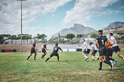 Buy stock photo Rugby, team and playing on field, outdoor and fitness of athlete, men and together for match and active. Competition, group and professional for football, sports and cardio for game, action or strong