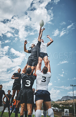 Buy stock photo Team, rugby player and tournament for sport, game or competition in exercise or fitness. People, athlete and recreation facility in challenge for outdoor, play or training center as together on field