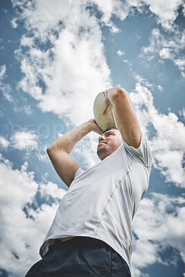 Buy stock photo Fitness, rugby and ball with man on field for training, workout and premiership league. Challenge, goal and competition with person in sports club for games tournament, athlete and stadium pitch