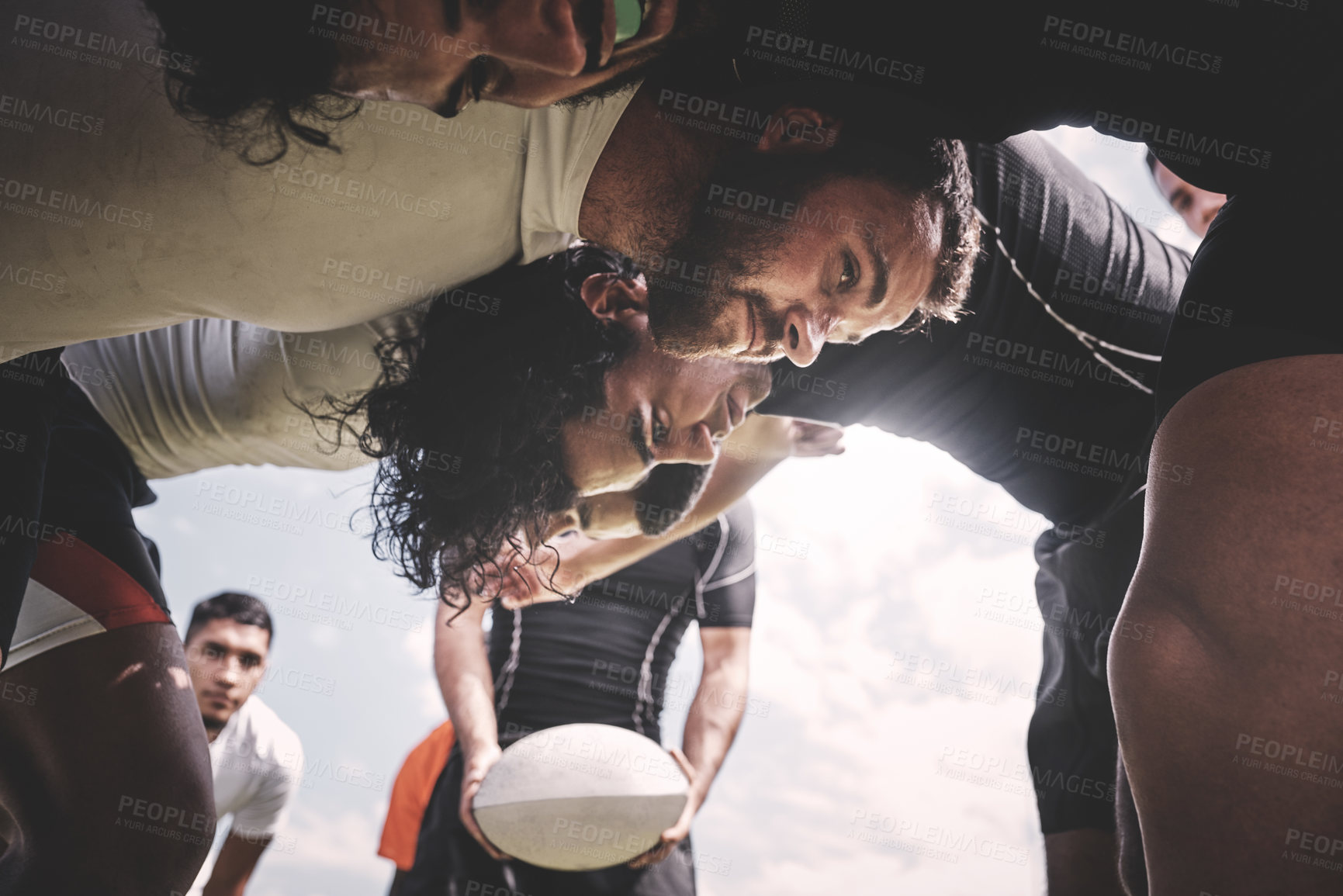 Buy stock photo Sports, rugby and scrum with men on field for fitness, teamwork and premiership league. Challenge, training and competition with group of people in club for games tournament, athlete and stadium