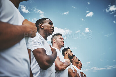 Buy stock photo Athlete, rugby and anthem with men on field for stadium, sports and premiership league. Patriotism, respect and competition with people in training club for tournament, games ceremony and teamwork