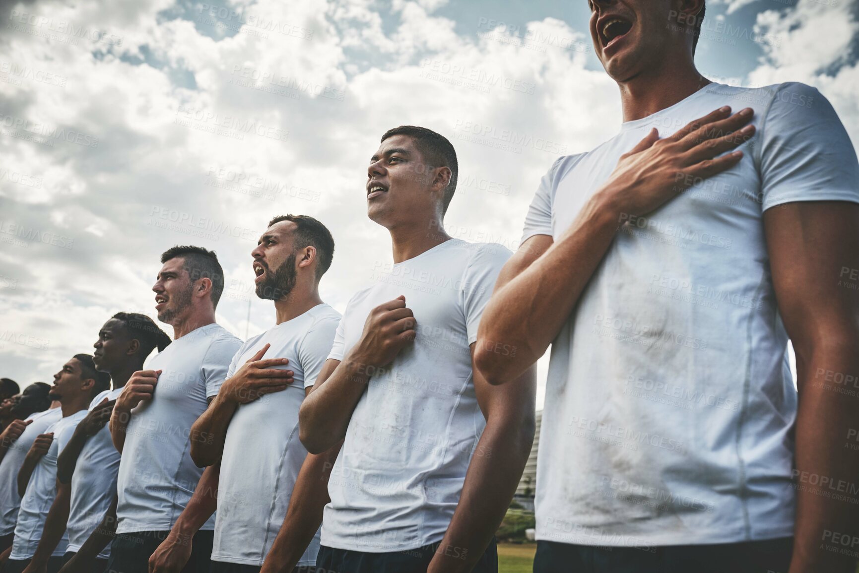 Buy stock photo Patriotism, rugby and anthem with men on field for stadium, community and premiership league. Teamwork, sports athlete and competition with people in training club for tournament, games and ceremony