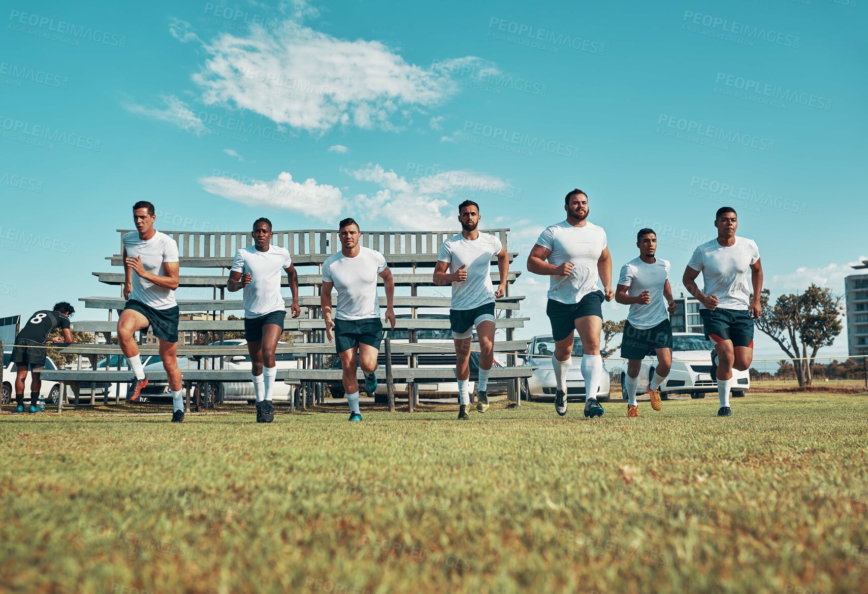 Buy stock photo Rugby, running or players in stadium for practice training, competition or game routine. Teamwork, professional athletes or strong men on outdoor field with sports skills, workout or fitness exercise