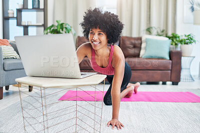 Buy stock photo Yoga, girl and laptop on floor in home for online pilates routine or watching exercise video for tutorial. Wellness influencer, happy woman or demonstration on mat for virtual class or fitness lesson