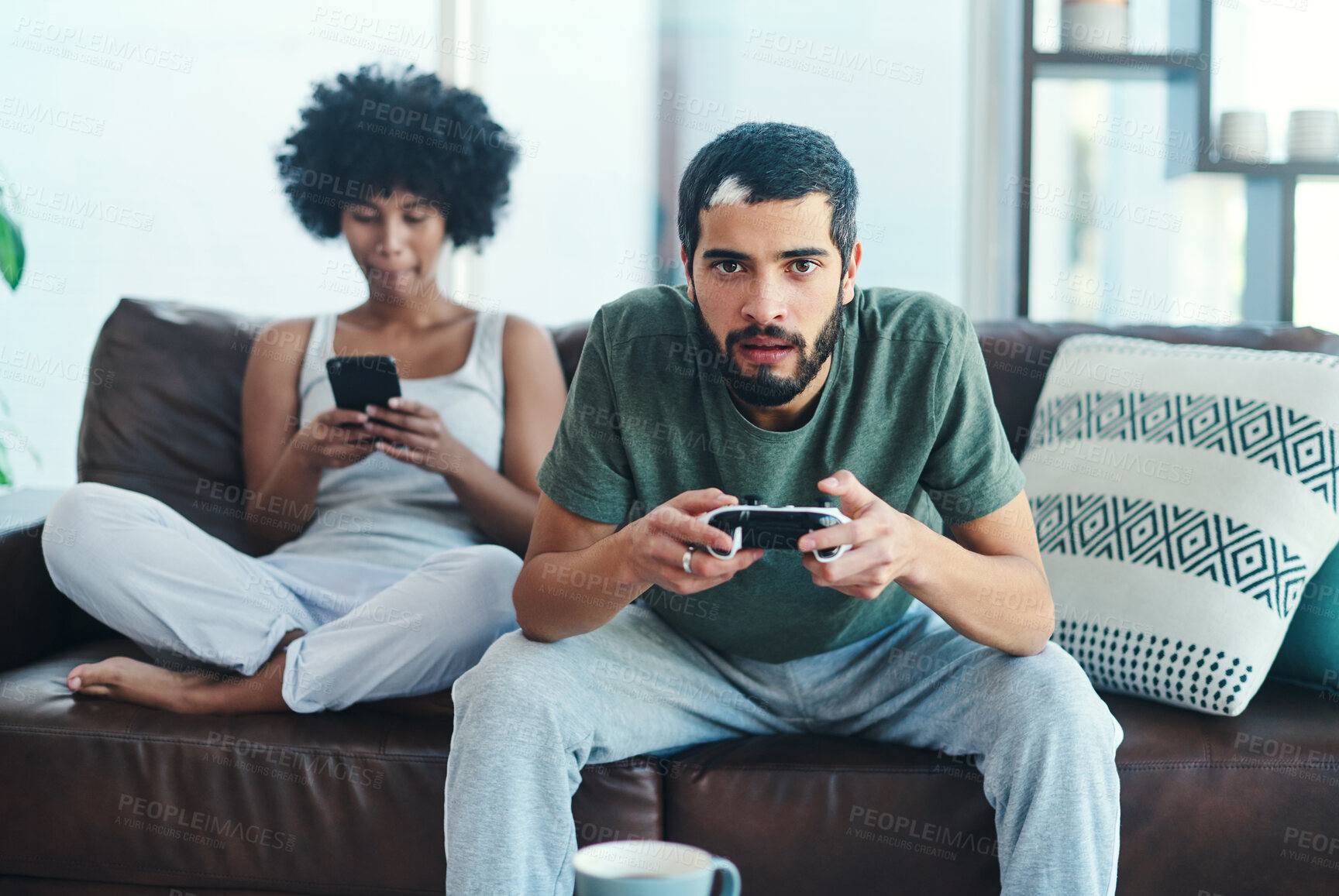 Buy stock photo Man, portrait and video gaming with woman for esports, fun or relax in home for entertainment. People, technology and together in living room on weekend with competition, challenge and scroll online