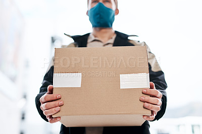 Buy stock photo Delivery man, box and hands with parcel, online shopping and courier service with container. Front door, professional and export for distribution of goods, purchase and commercial sale in pandemic