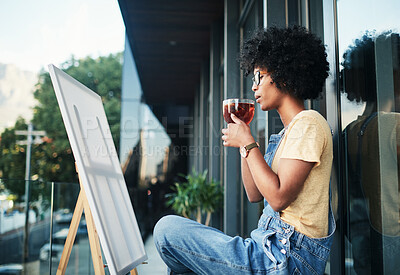 Buy stock photo Canvas, painting and tea with woman on balcony of home for creativity, expression or inspiration outdoor. Drink, relax or wellness and painter person at apartment for art, hobby or break with easel