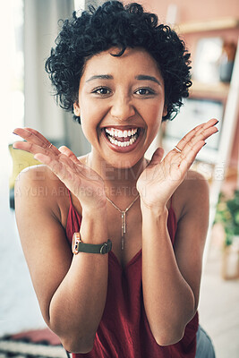 Buy stock photo Excited, portrait and happy woman in home for fashion blog with confidence, identity or gen z culture. Wow, scream and girl influencer in apartment with casual style, pride or face of trendy creative