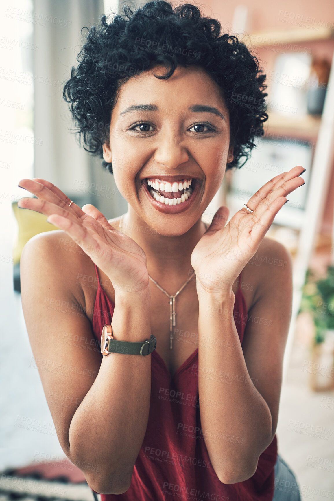 Buy stock photo Excited, portrait and happy woman in home for fashion blog with confidence, identity or gen z culture. Wow, scream and girl influencer in apartment with casual style, pride or face of trendy creative