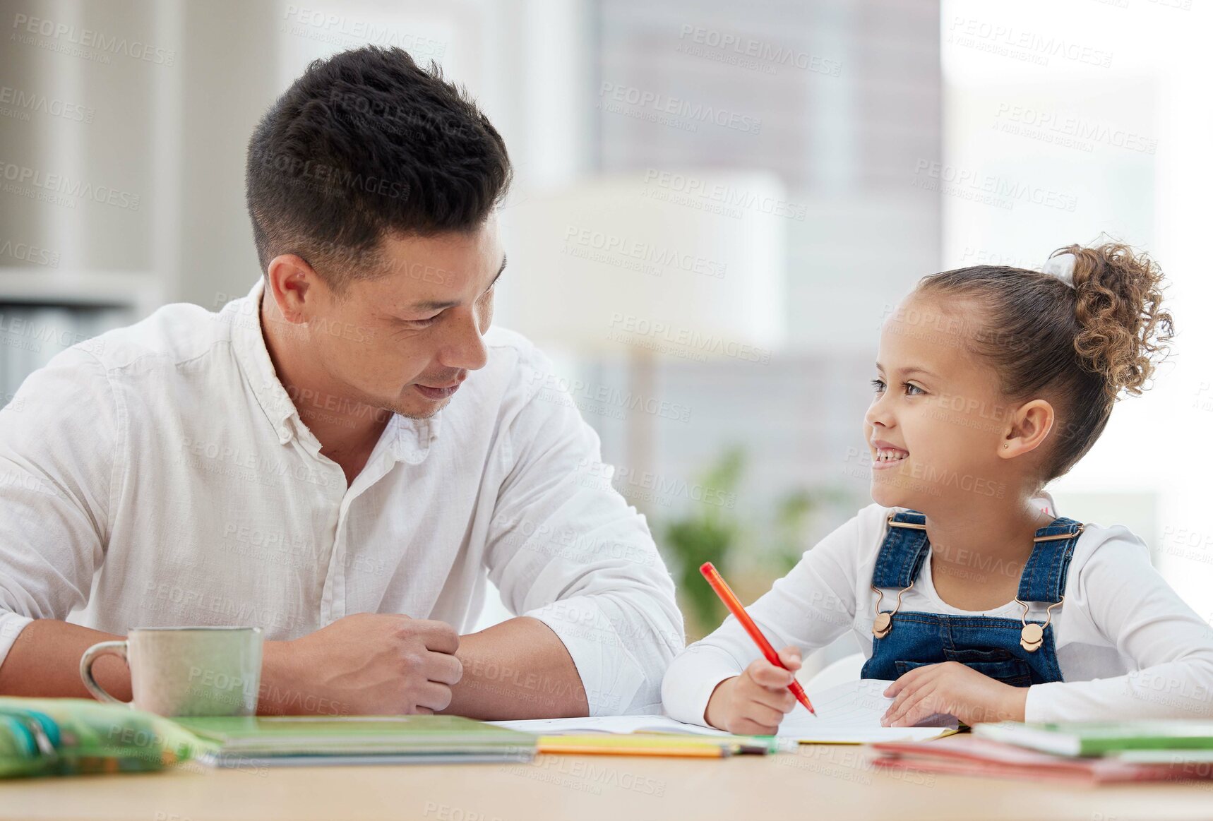 Buy stock photo Man, child and writing in home for education, support or helping with homework. Father, happy girl and books in living room for learning, assistance or knowledge development with advice for growth